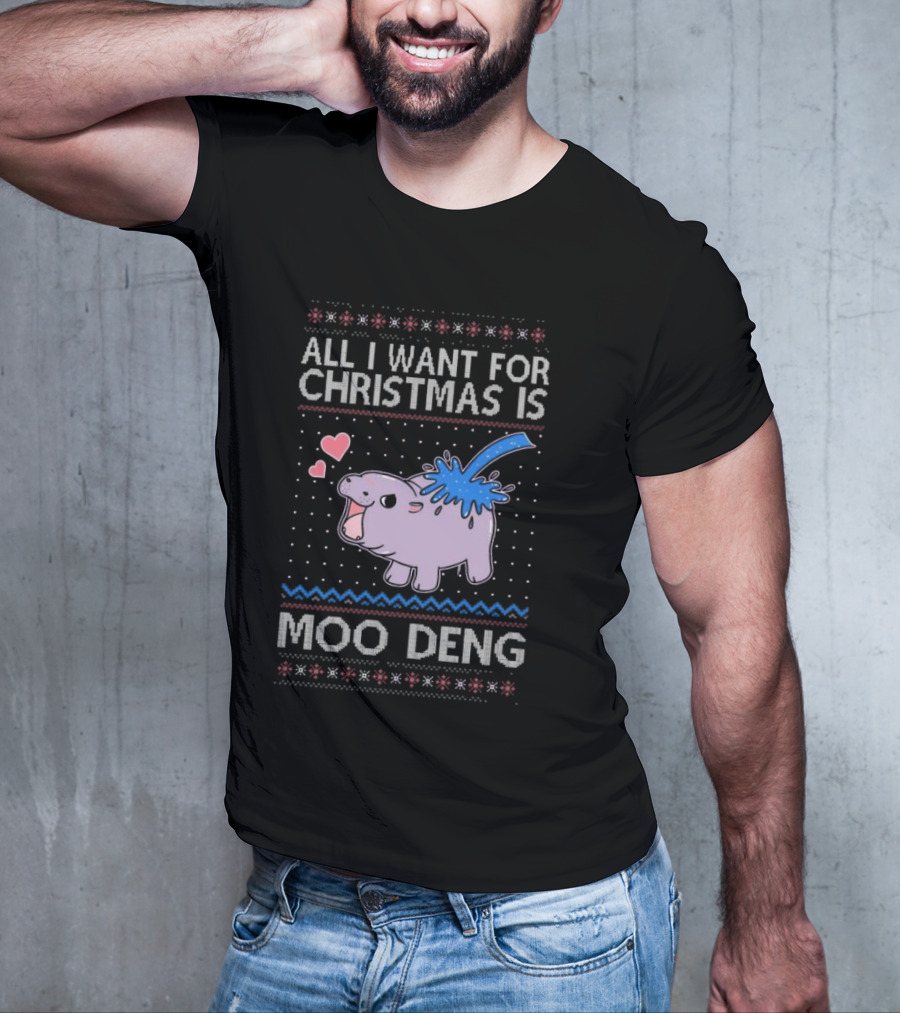 All I Want For Christmas Is Moo Deng Cute Hippo Hearts Ugly Christmas T-Shirt