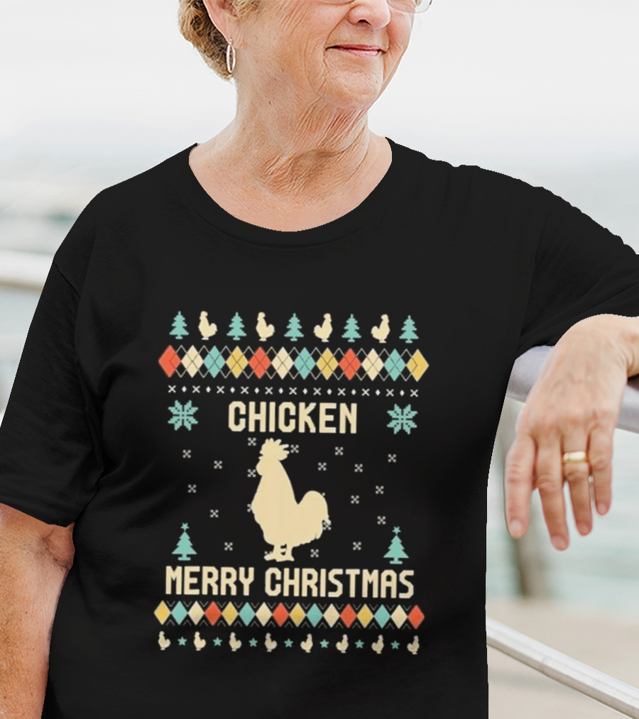 Chicken Merry Christmas Rooster Ugly Christmas Sweater Holiday Trees T-Shirt