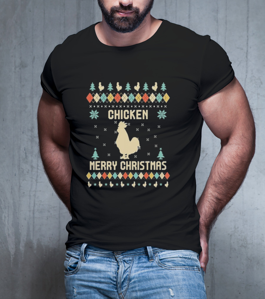 Chicken Merry Christmas Rooster Ugly Christmas Sweater Holiday Trees T-Shirt