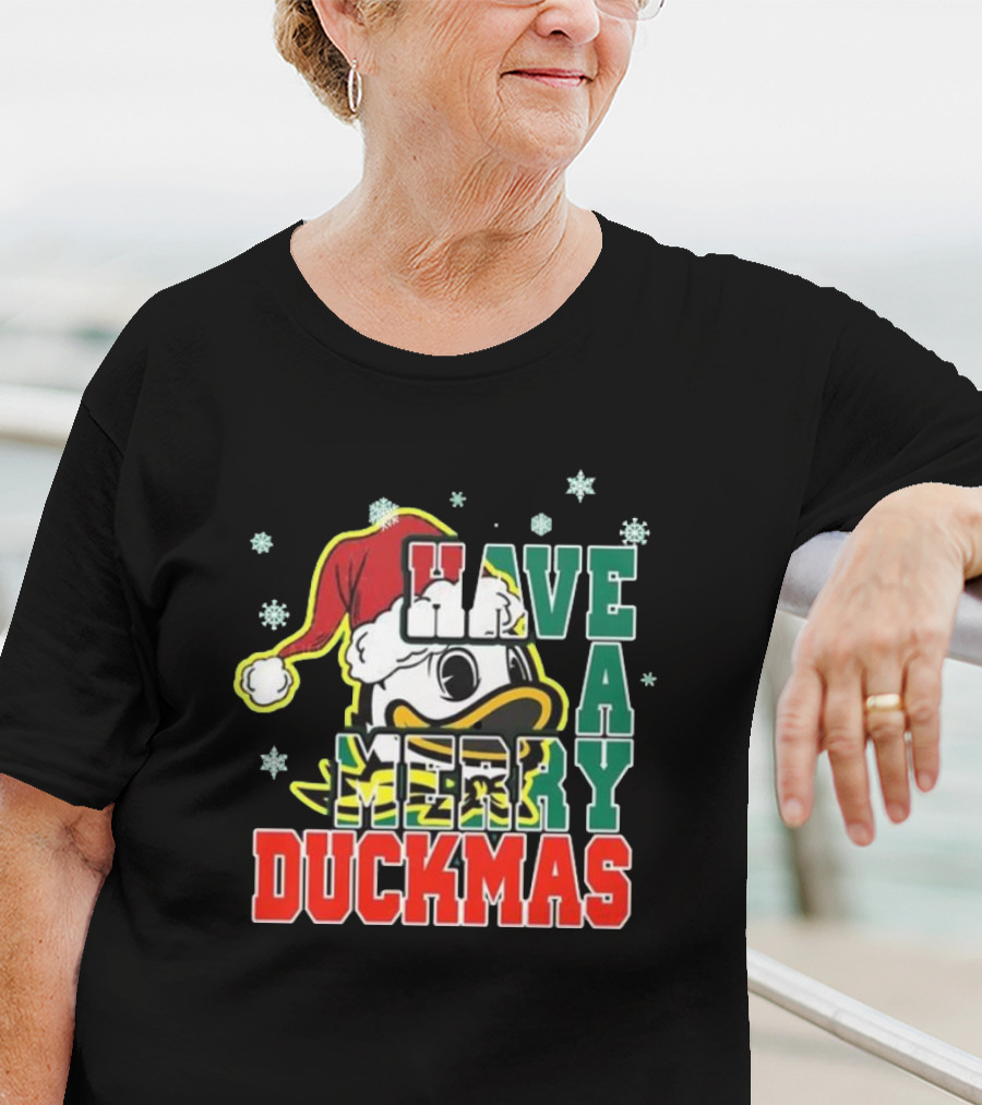 Oregon Ducks Have A Merry Duckmas Santa Hat Logo Snowflakes T-Shirt