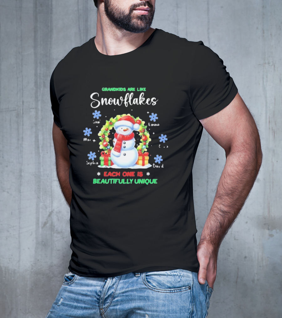 Grandkids Are Like Snowflakes Each One Is Beautifully Unique Christmas Personalized Names Snowman Wreath T-Shirt