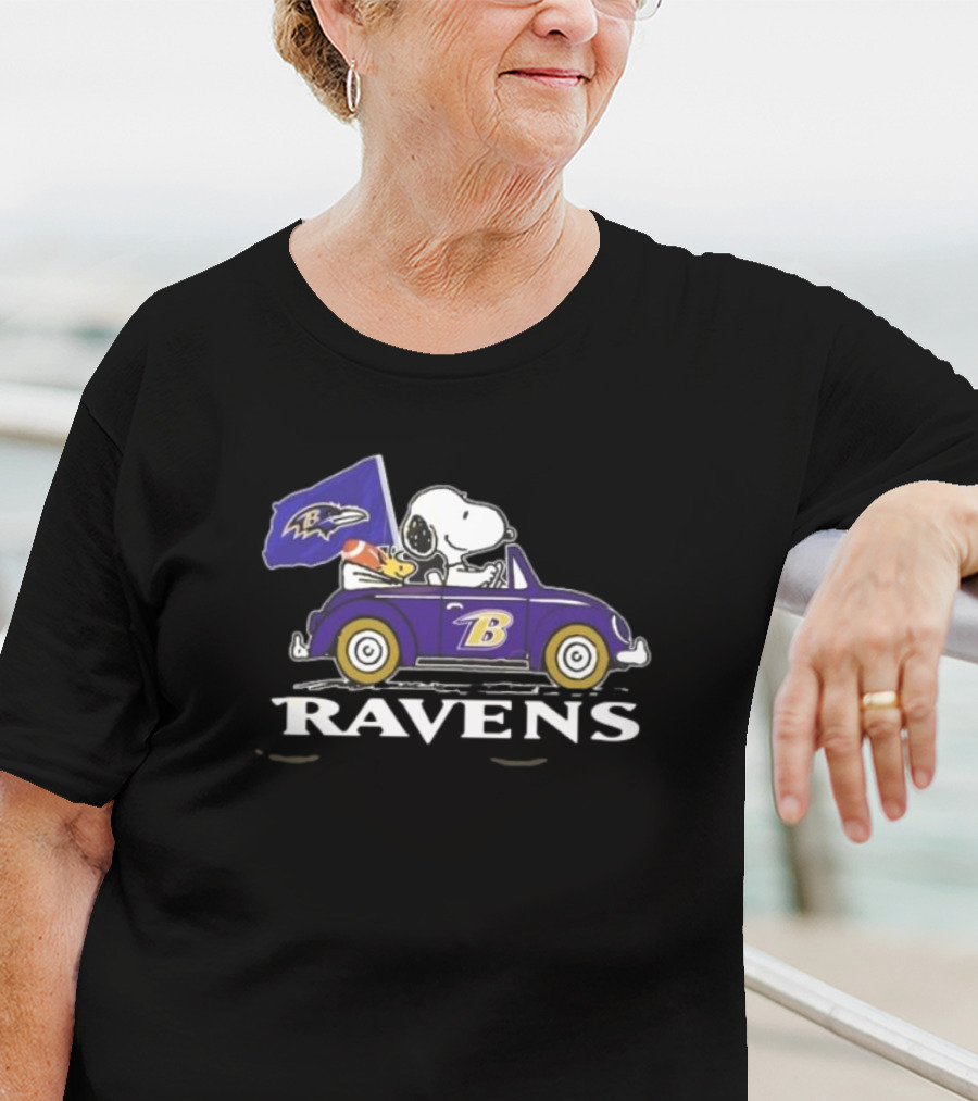 Snoopy Woodstock Driving Baltimore Ravens Car T-Shirt