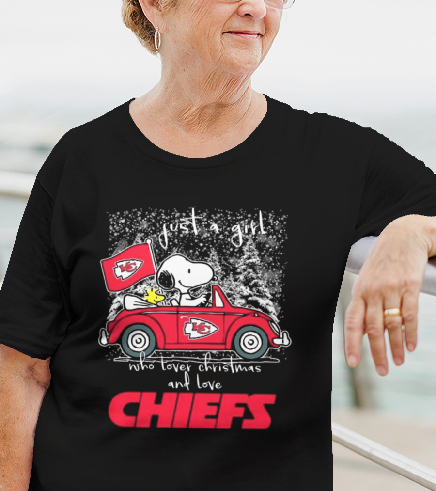 Snoopy Woodstock Peanuts Just A Girl Who Loves Christmas And Kansas City Chiefs T-Shirt