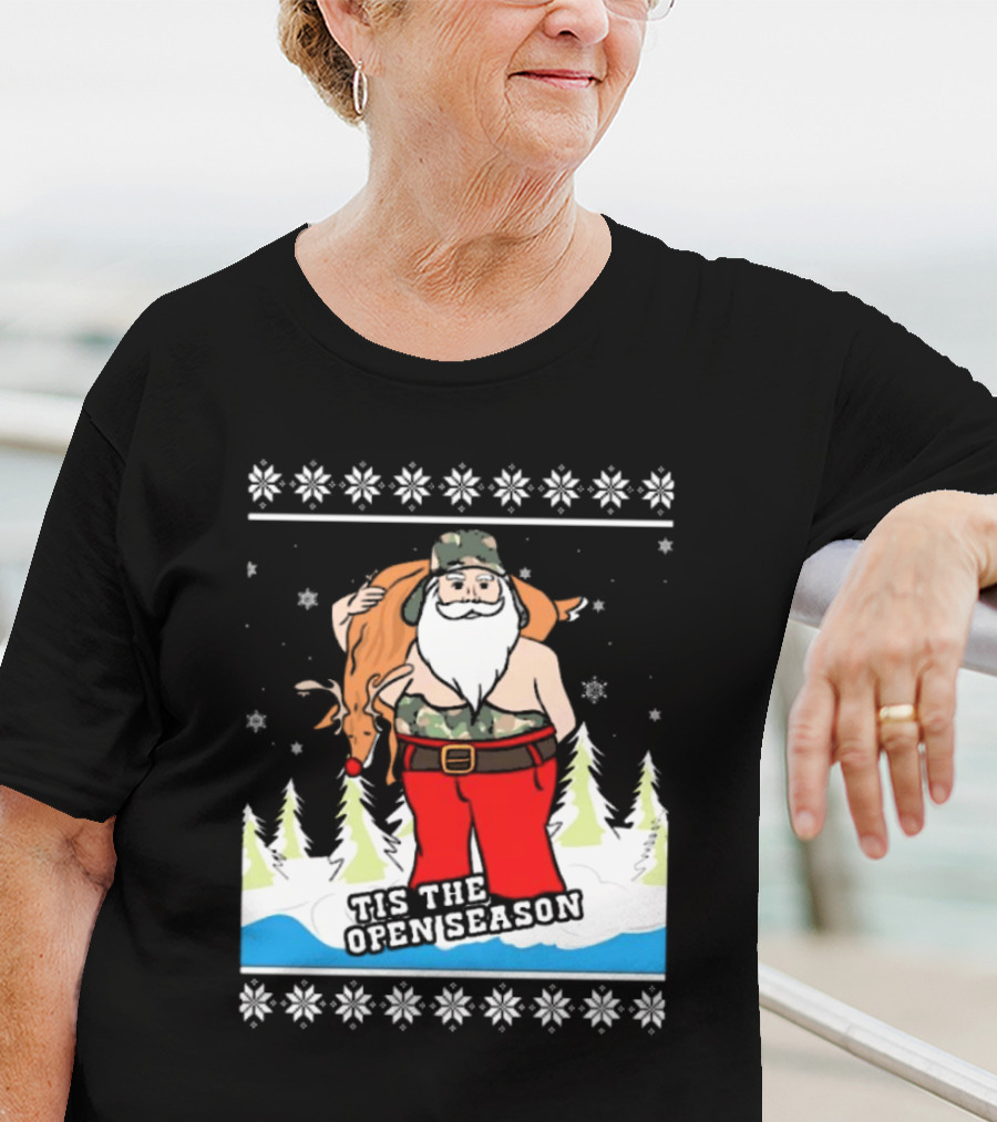 Hunting Santa Tis The Open Season Camouflage Ugly Christmas Sweaters T-Shirt