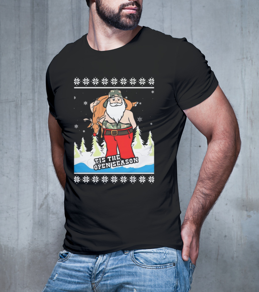 Hunting Santa Tis The Open Season Camouflage Ugly Christmas Sweaters T-Shirt