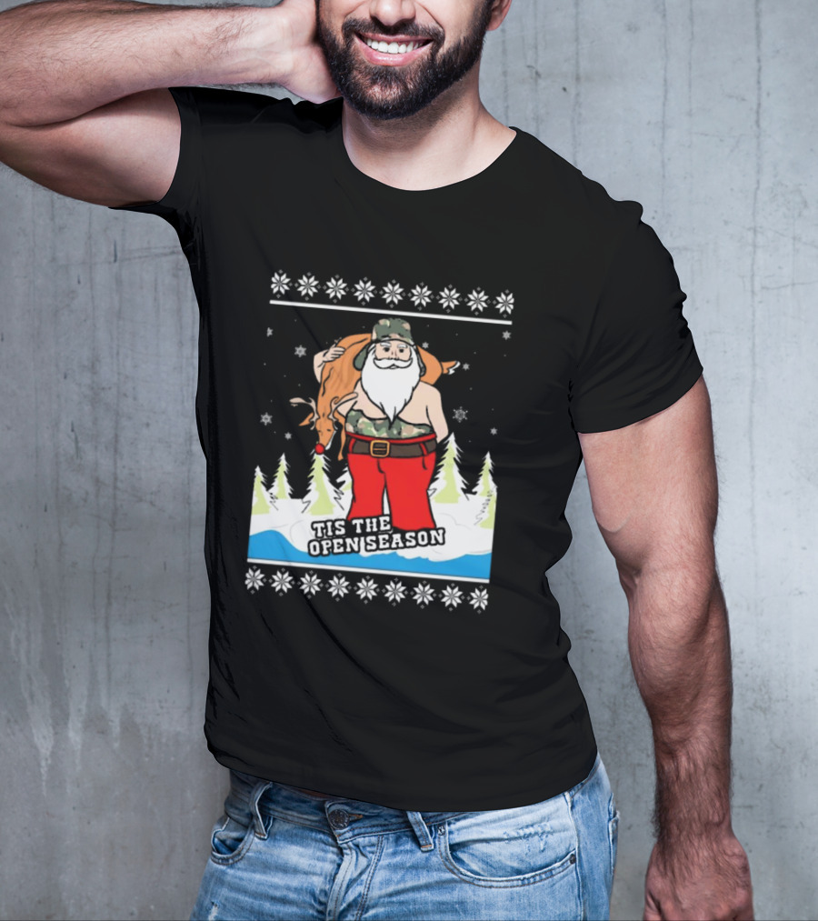 Hunting Santa Tis The Open Season Camouflage Ugly Christmas Sweaters T-Shirt