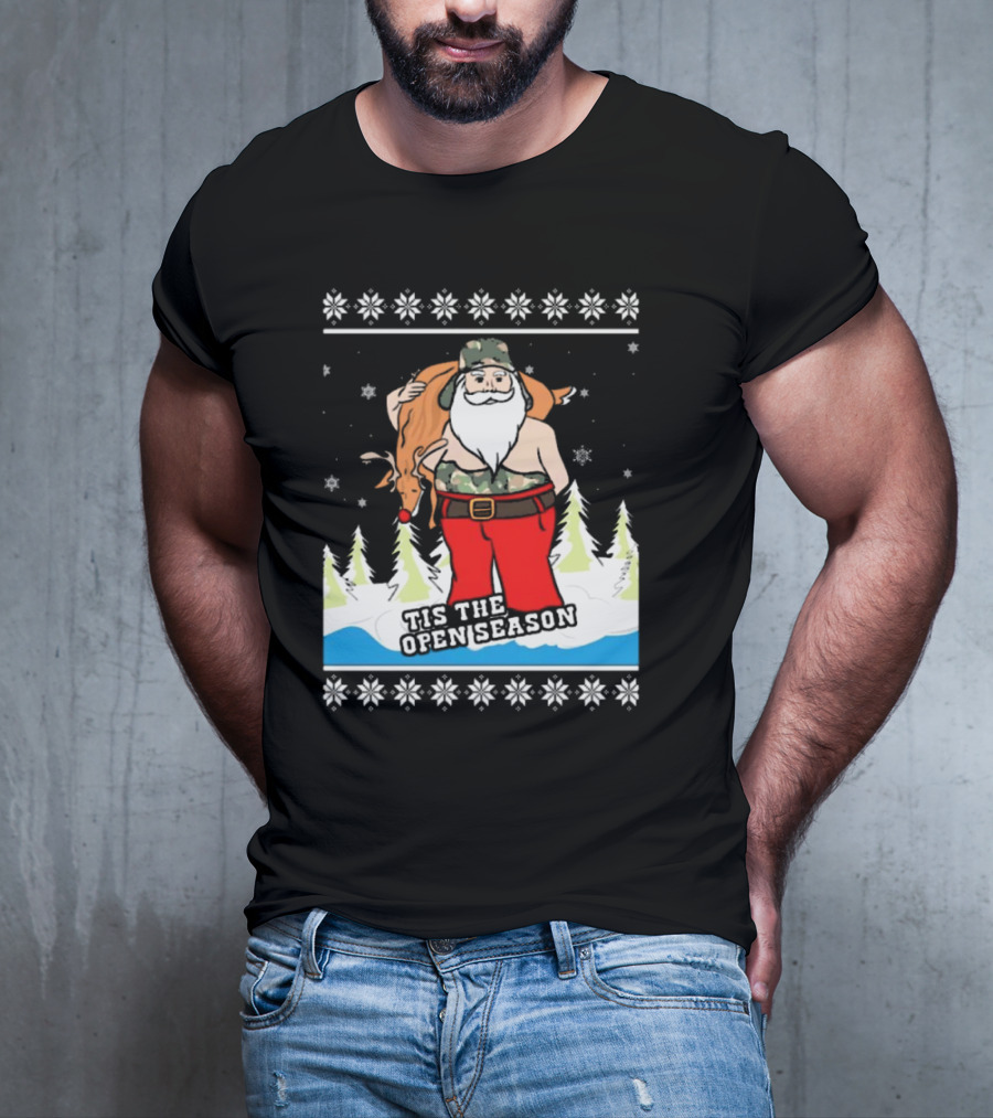 Hunting Santa Tis The Open Season Camouflage Ugly Christmas Sweaters T-Shirt