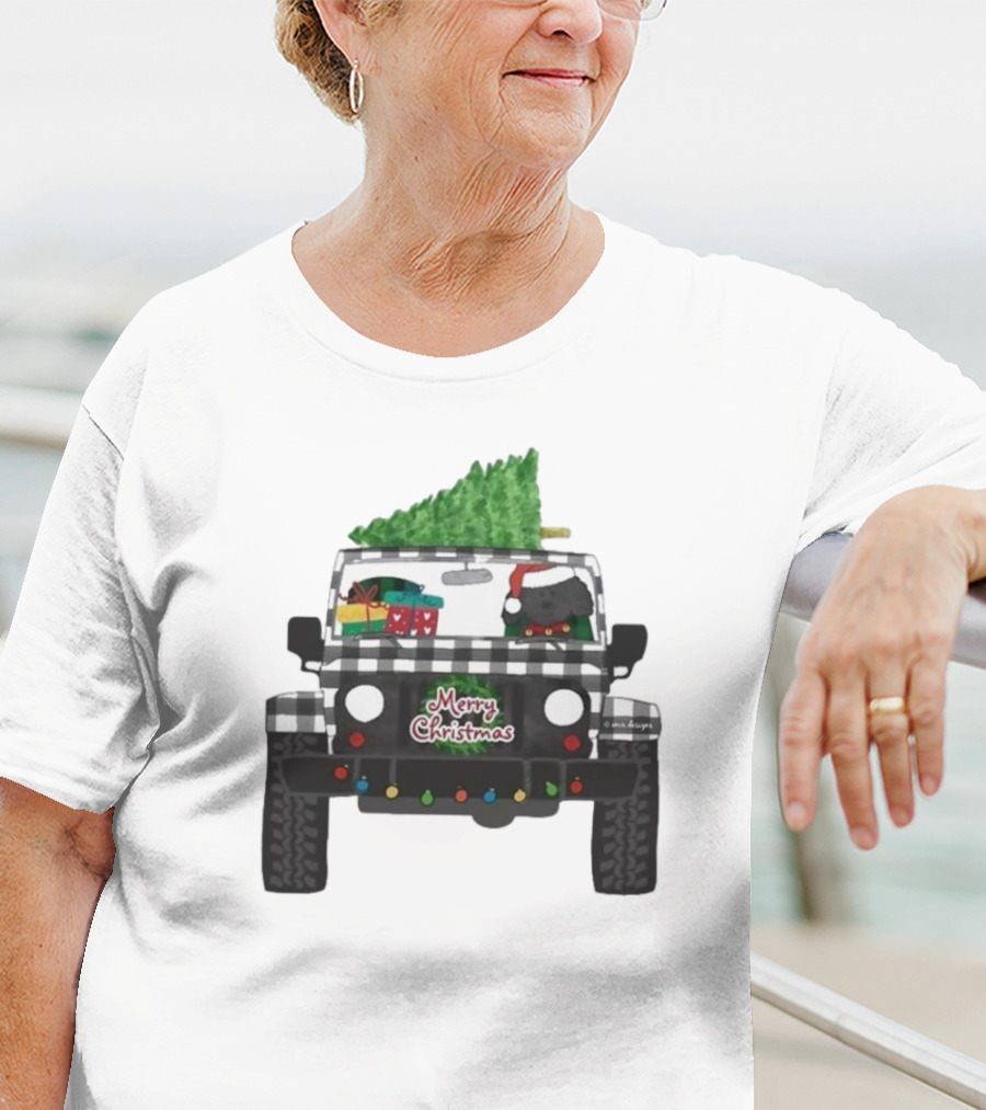 Merry Christmas Black Buffalo Plaid Jeep With Cartoon Labradoodle And Tree T-Shirt