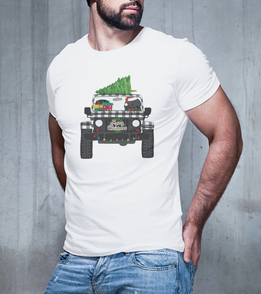 Merry Christmas Black Buffalo Plaid Jeep With Cartoon Labradoodle And Tree T-Shirt