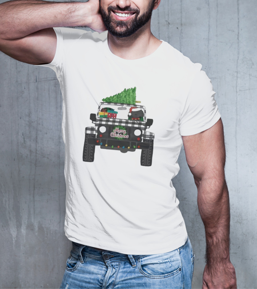 Merry Christmas Black Buffalo Plaid Jeep With Cartoon Labradoodle And Tree T-Shirt