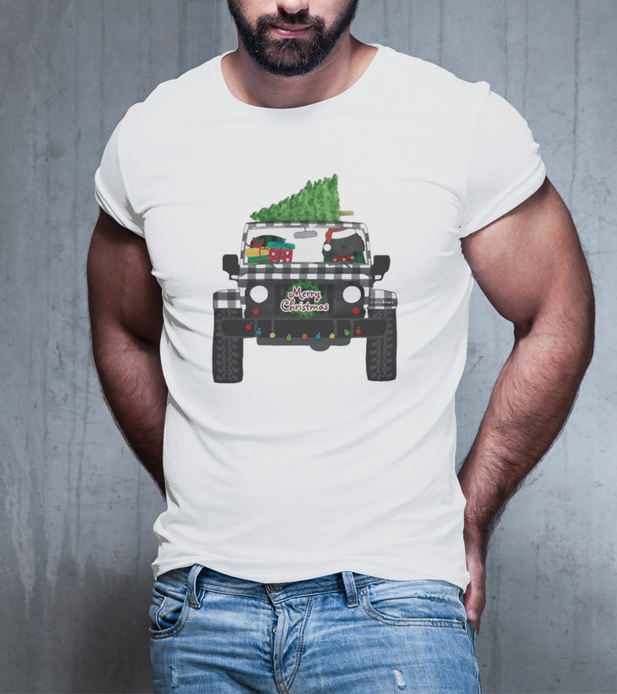 Merry Christmas Black Buffalo Plaid Jeep With Cartoon Labradoodle And Tree T-Shirt
