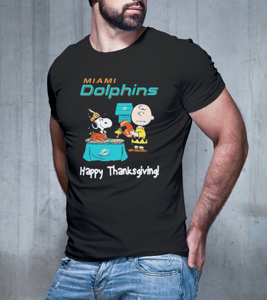 Miami Dolphins Peanuts NFL Football Happy Thanksgiving T-Shirt