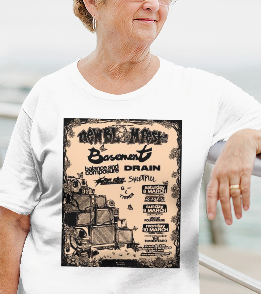 New Bloom Fest 2025 Basement Balance And Composure Drain Turnover Live Concert March 8-10 T-Shirt