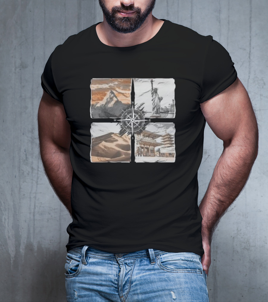 Dads Being Dudes Live Your Life Vintage Mountain Dunes Statue Of Liberty Pagoda Compass T-Shirt