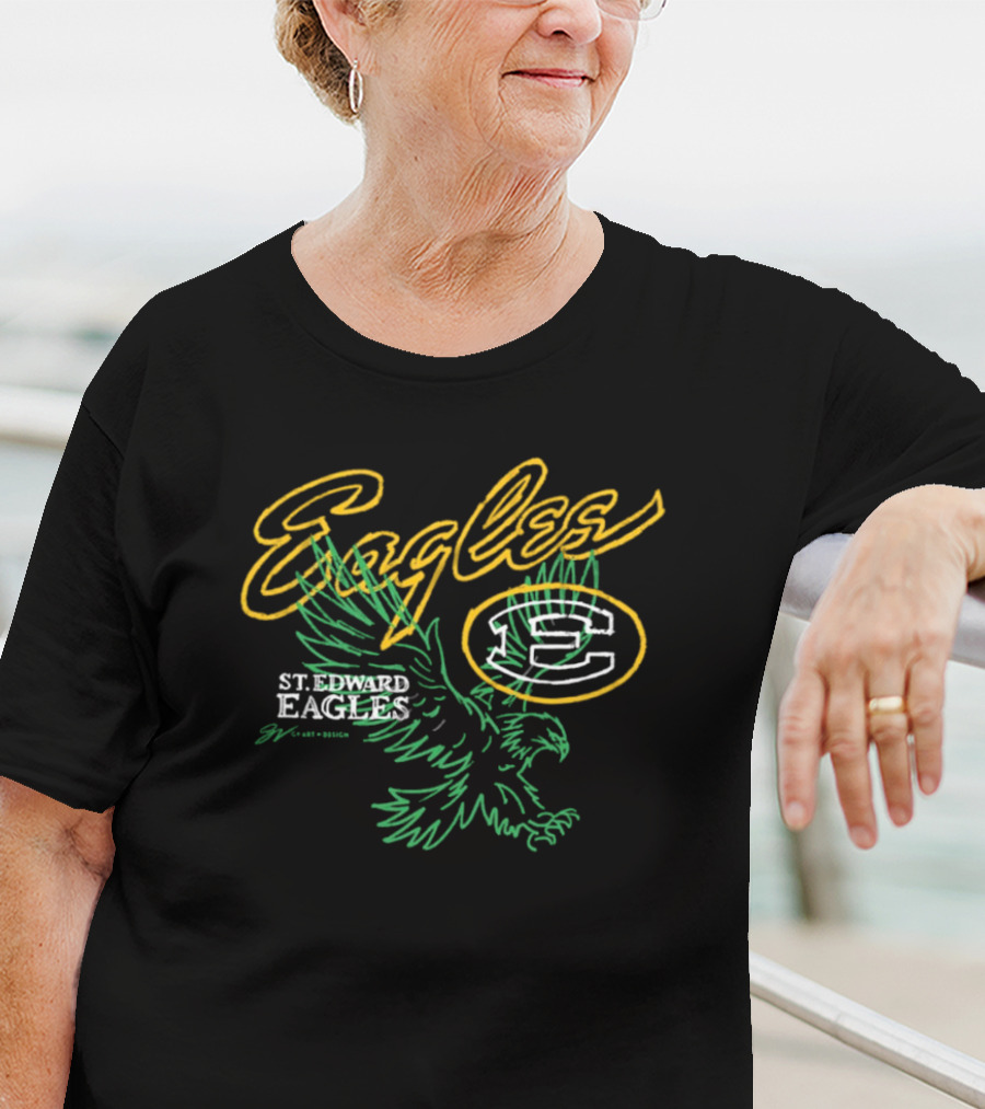 St. Edward Eagles Basketball Yellow Outline And Green Eagle Emblem T-Shirt