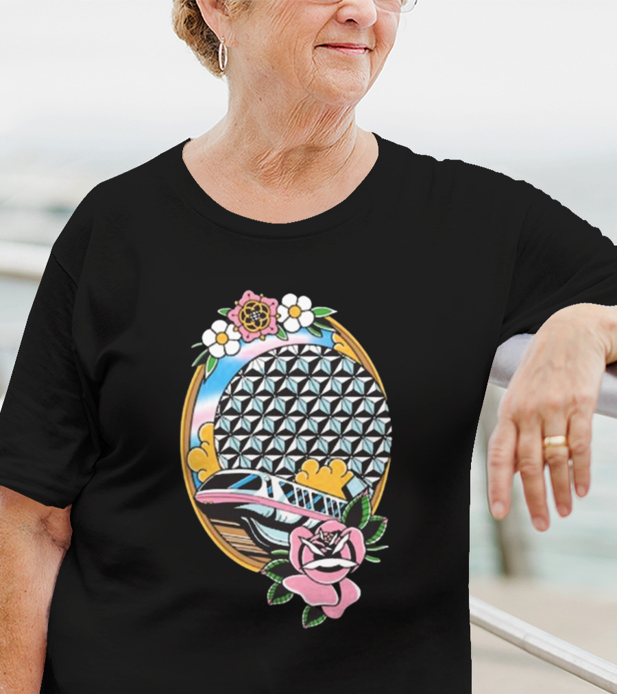 The Lost Bros Monorail Spaceship Earth Tattoo Style Floral T-Shirt