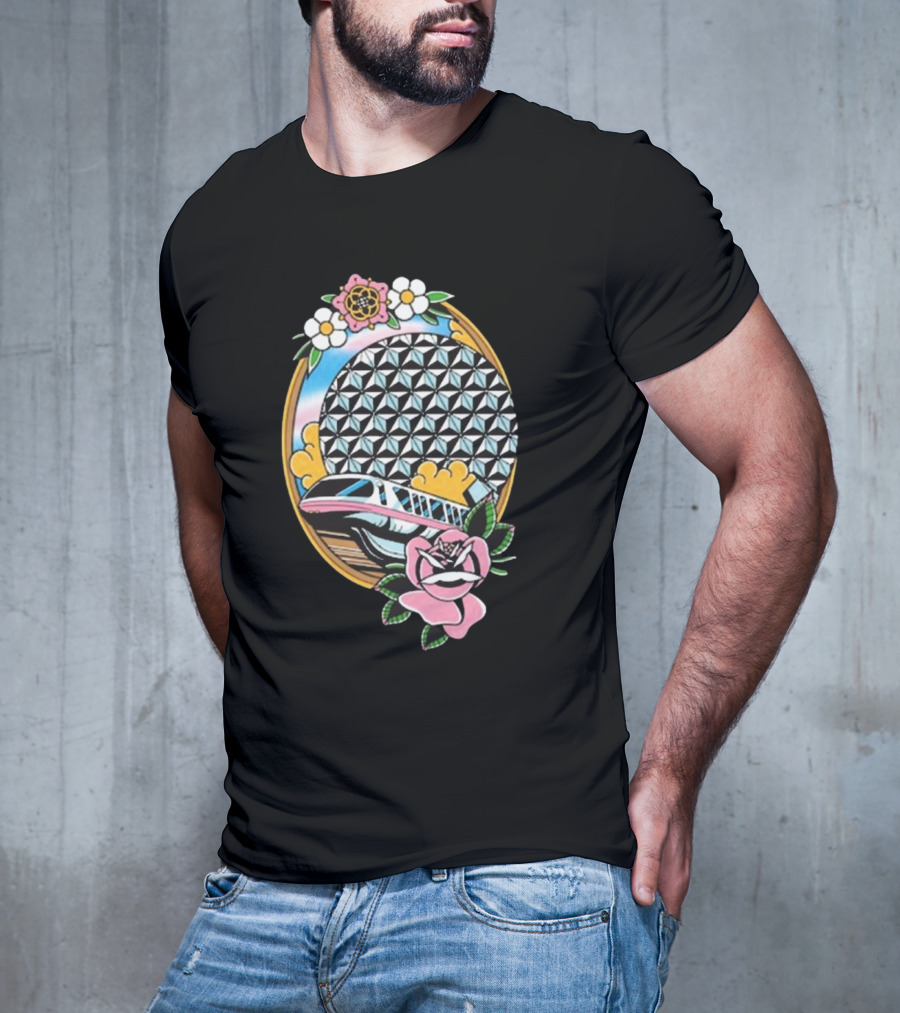 The Lost Bros Monorail Spaceship Earth Tattoo Style Floral T-Shirt