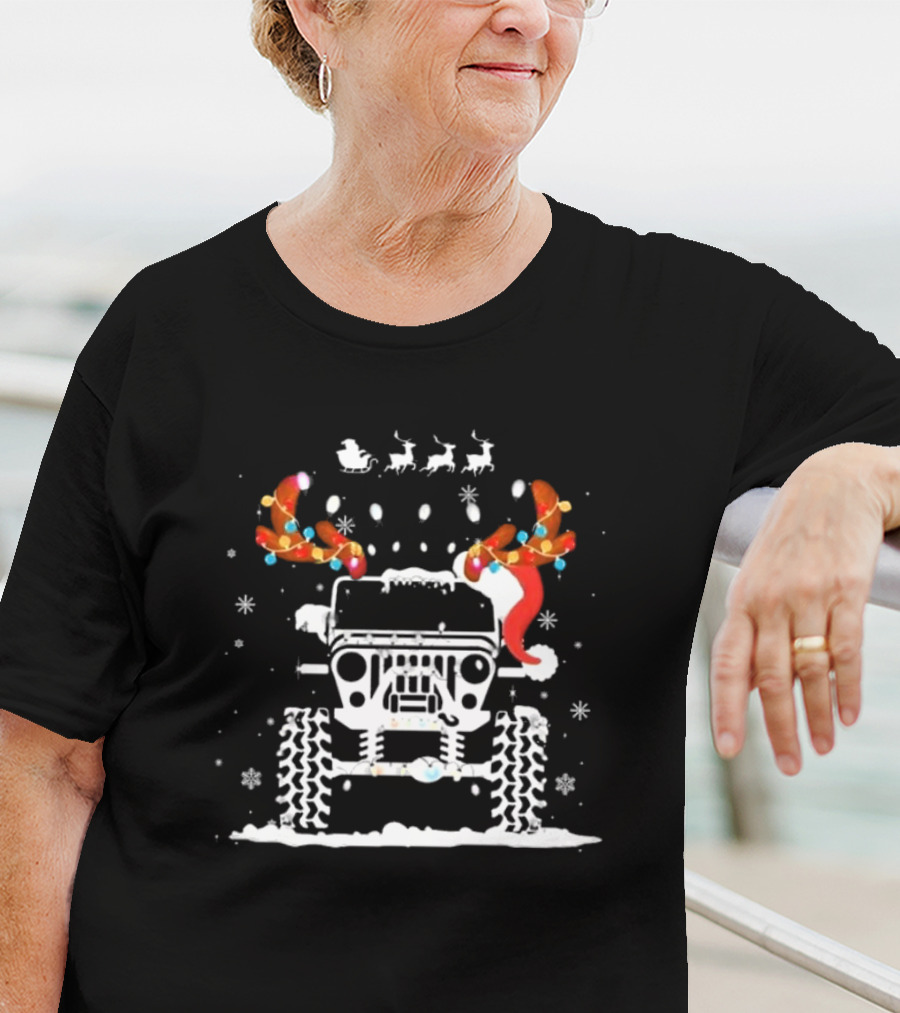 Jeep Reindeer Antlers Santa Sleigh Christmas Lights T-Shirt