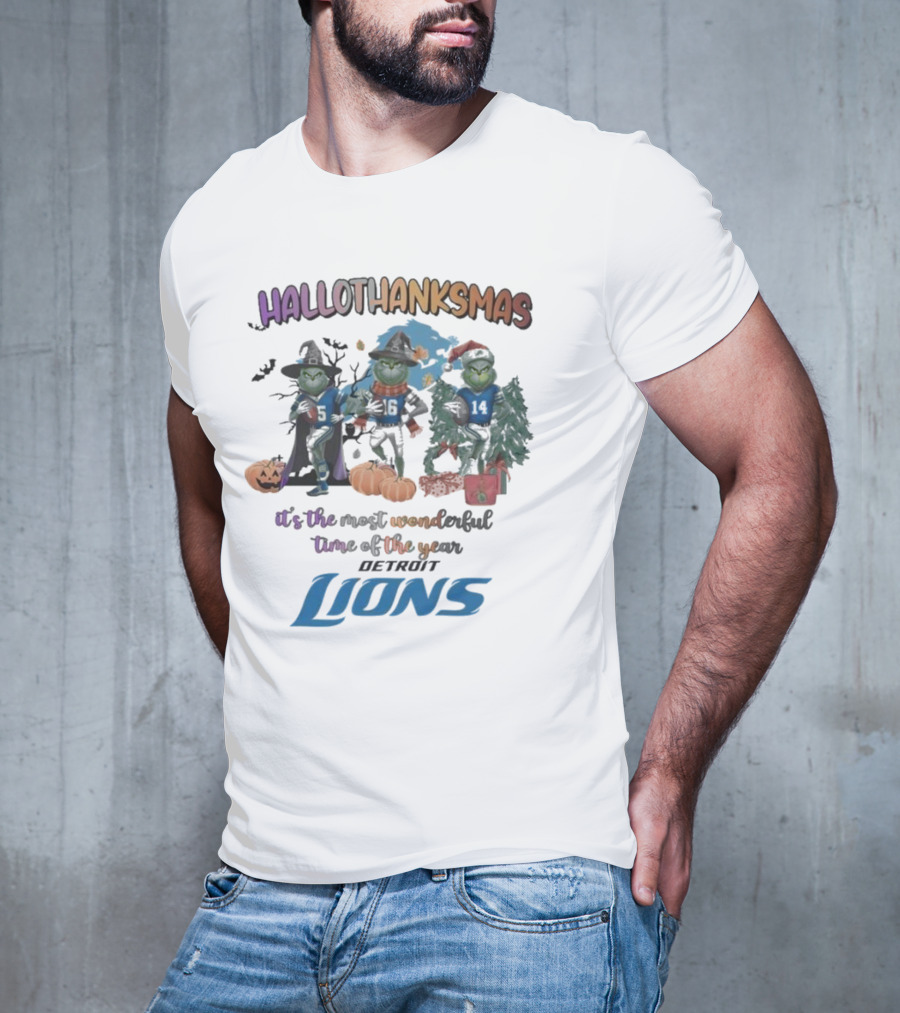 Detroit Lions Hallothanksmas Grinch It's The Most Wonderful Time Of The Year T-Shirt