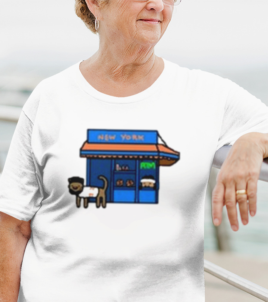 New York Bodega Kat With Blue Storefront And ATM T-Shirt