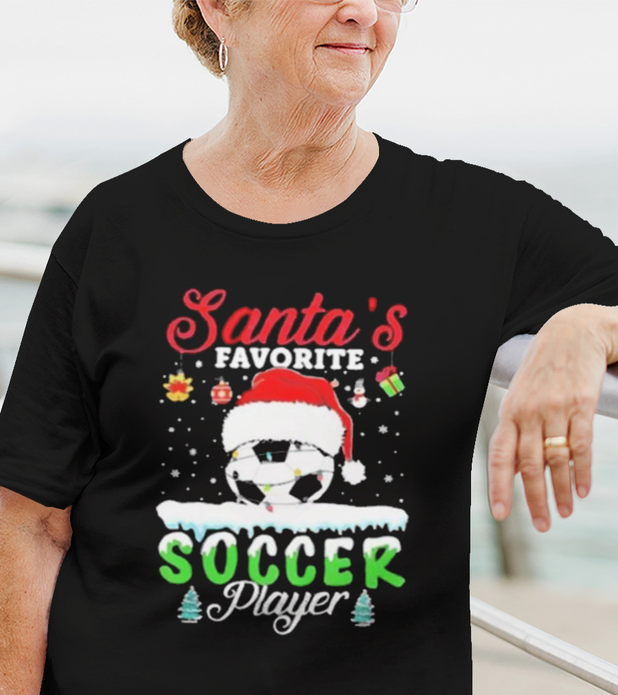 Santa's Favorite Soccer Player Christmas Football Soccer Ball Santa Hat Snowflakes T-Shirt
