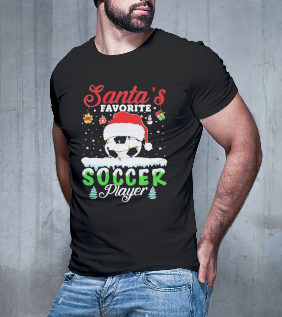 Santa's Favorite Soccer Player Christmas Football Soccer Ball Santa Hat Snowflakes T-Shirt