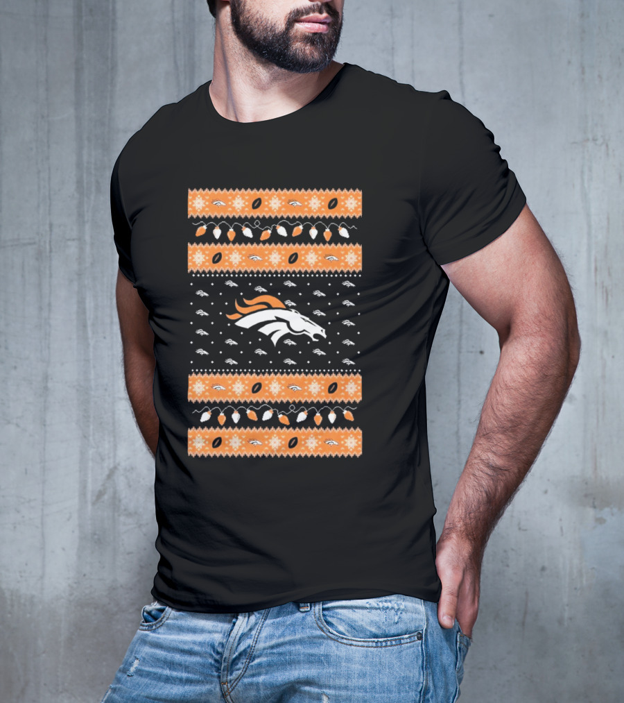 Denver Broncos NFL Ugly Sweater Holiday Lights Christmas T-Shirt
