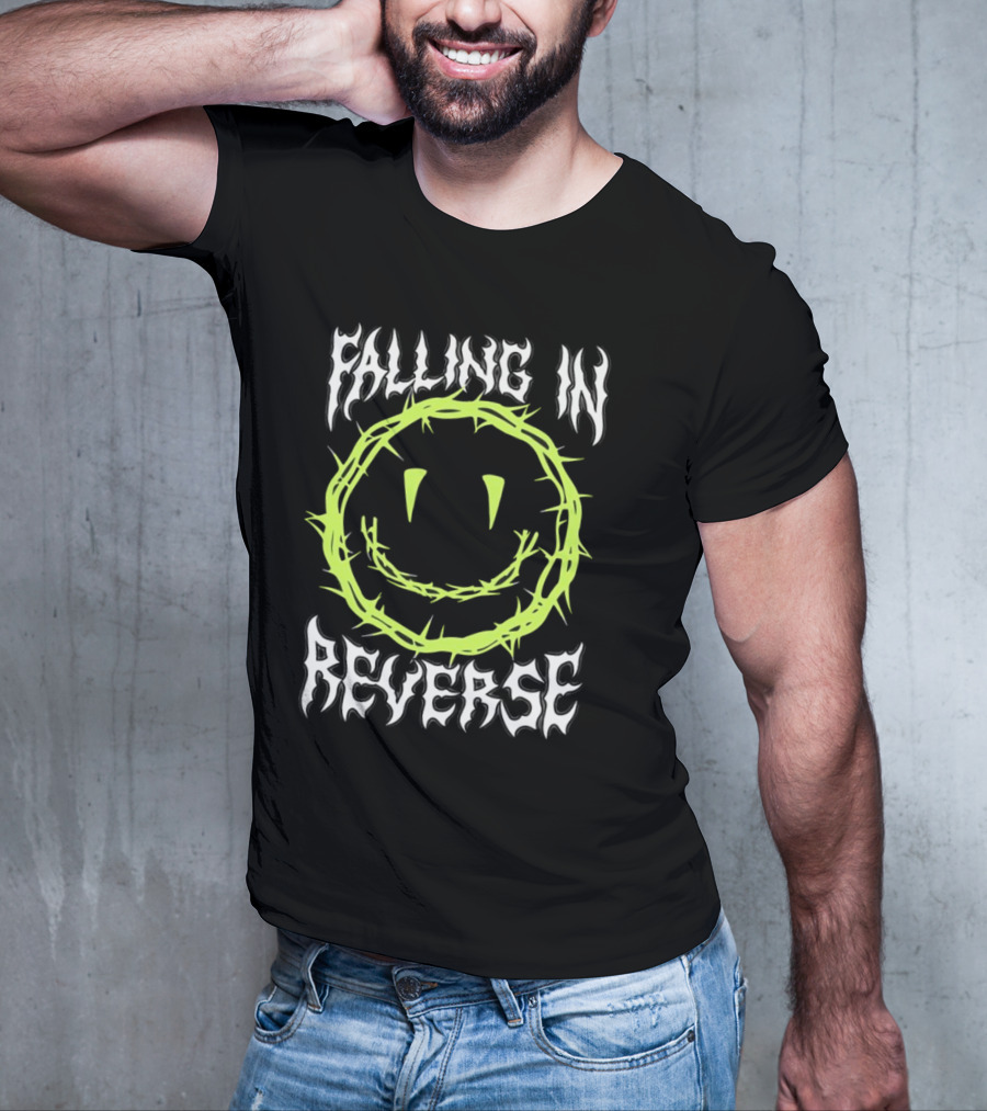 Falling In Reverse Smiley Face With Green Thorn Outline T-Shirt