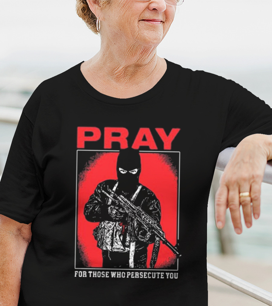 Ritualprintslc Shayne Smith Pray For Those Who Persecute You Masked Figure With Rifle In Red And Black T-Shirt
