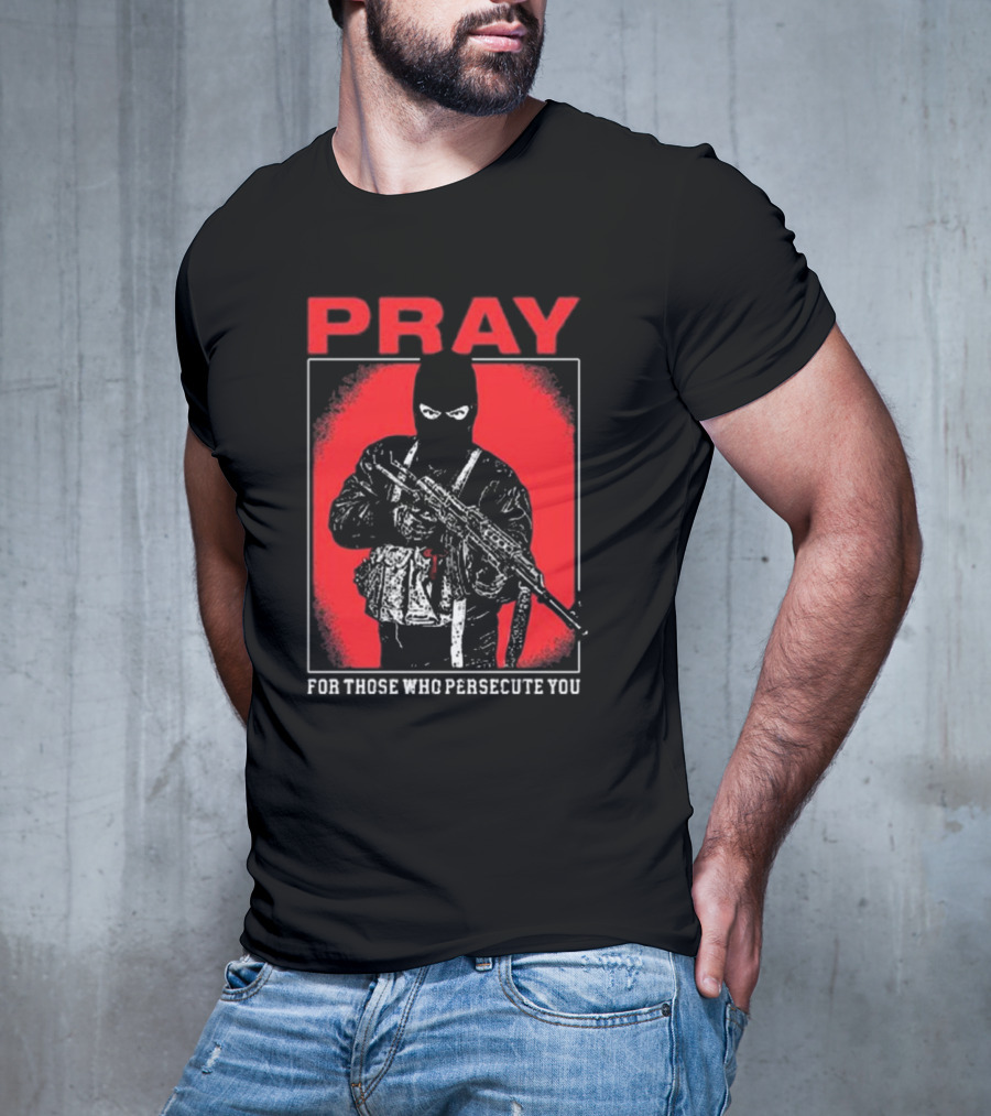 Ritualprintslc Shayne Smith Pray For Those Who Persecute You Masked Figure With Rifle In Red And Black T-Shirt
