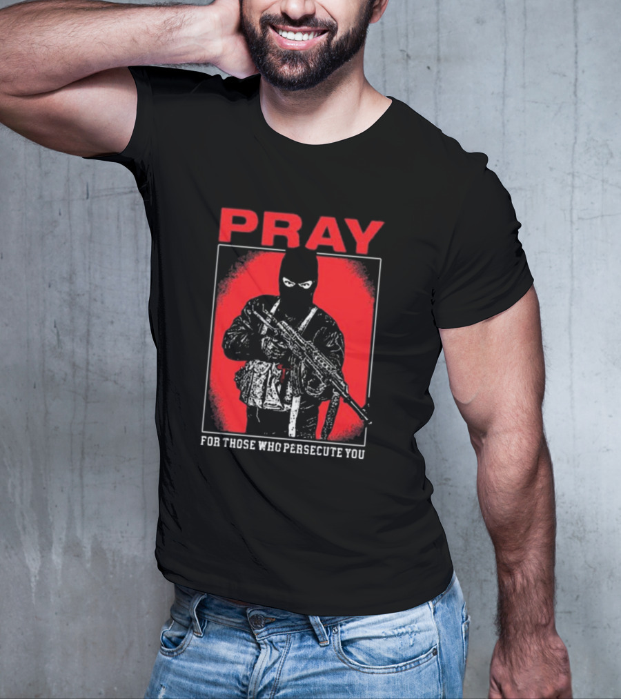 Ritualprintslc Shayne Smith Pray For Those Who Persecute You Masked Figure With Rifle In Red And Black T-Shirt