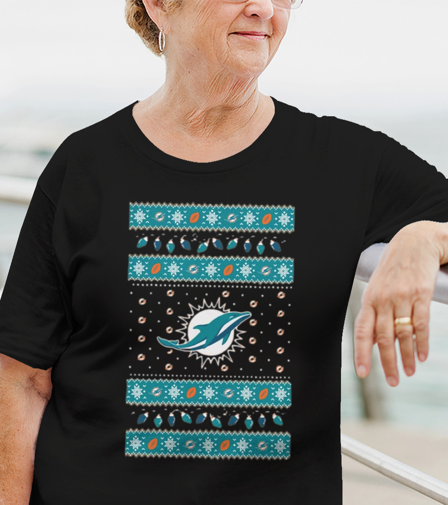 Miami Dolphins NFL Holiday Lights Ugly Sweater Christmas Football T-Shirt
