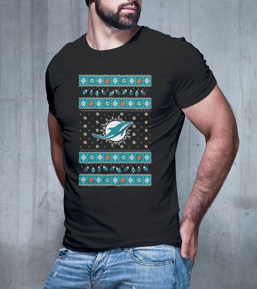 Miami Dolphins NFL Holiday Lights Ugly Sweater Christmas Football T-Shirt