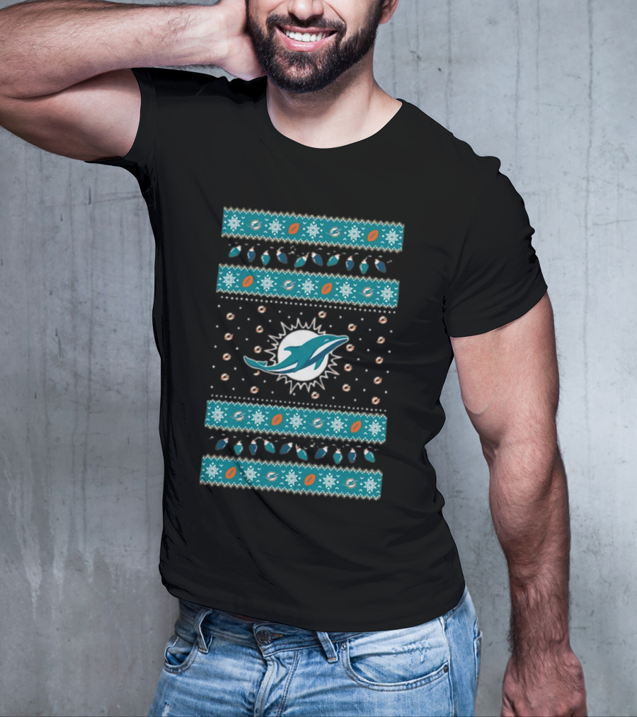 Miami Dolphins NFL Holiday Lights Ugly Sweater Christmas Football T-Shirt