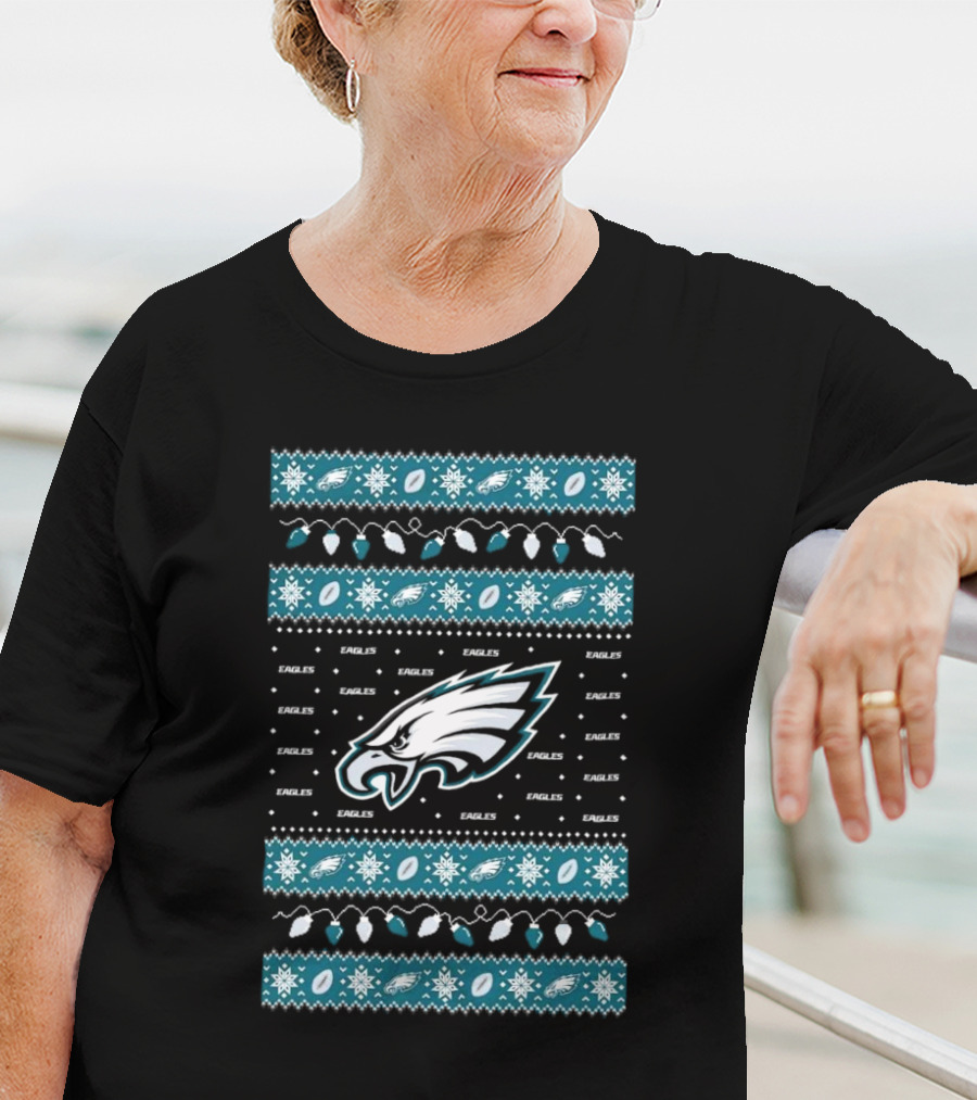 Philadelphia Eagles NFL Holiday Lights Ugly Sweater Christmas Eagles Logo Pattern T-Shirt