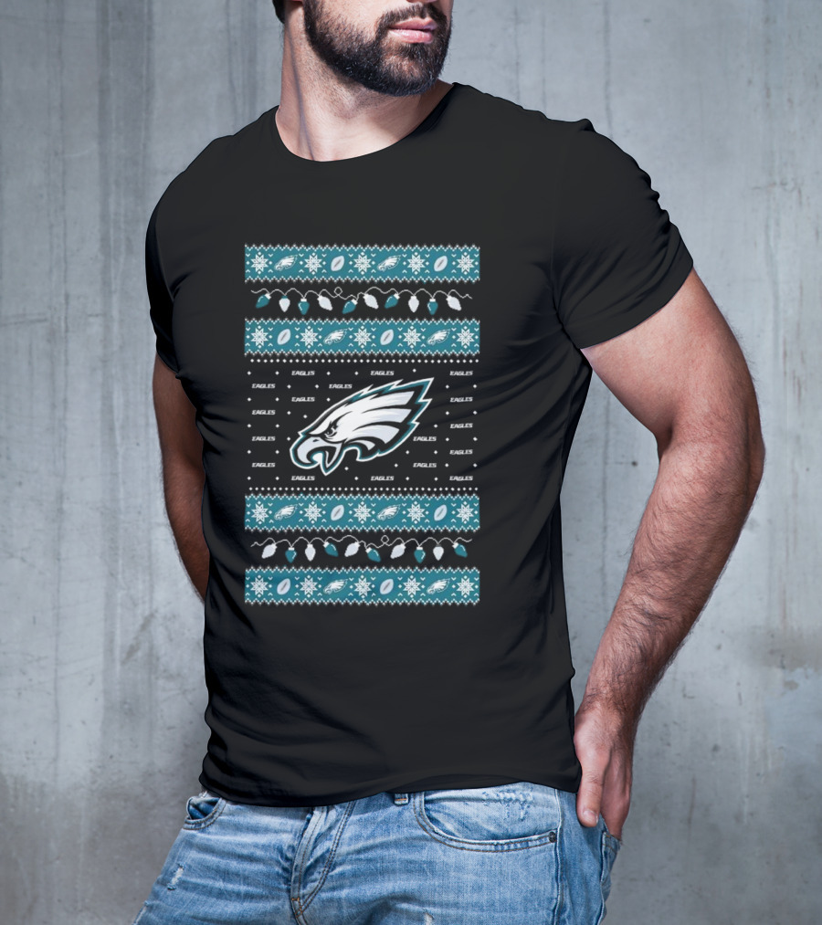 Philadelphia Eagles NFL Holiday Lights Ugly Sweater Christmas Eagles Logo Pattern T-Shirt