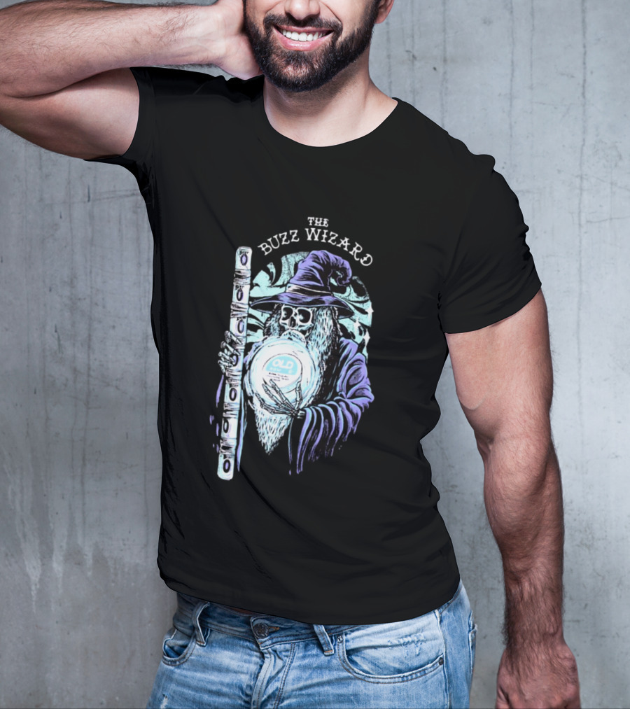 The Buzz Wizard Holding Old Row Branded Magic Orb And Staff T-Shirt