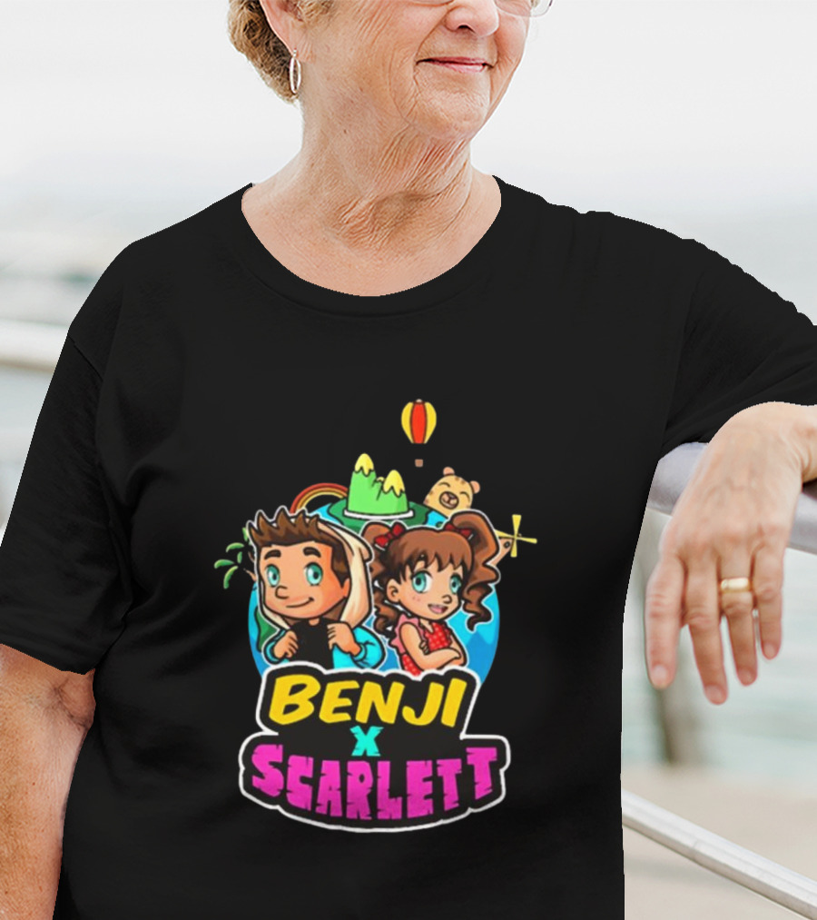 Benji X Scarlett Adventure Cartoon Style Balloon Island Teddy Bear T-Shirt
