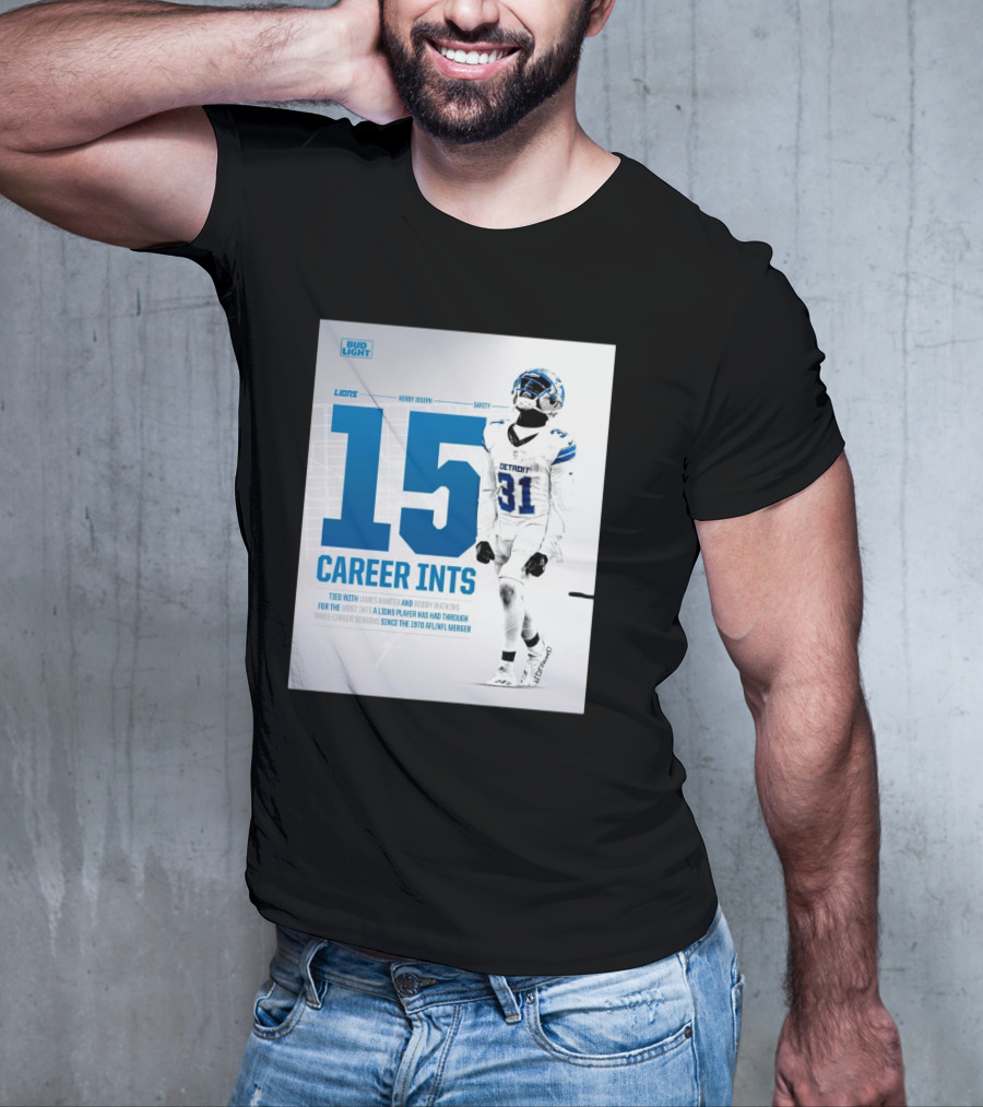 Detroit Lions Kerby Joseph 15 Career INTs Tied With James Hunter And Bobby Watkins Most INTs Since 1970 AFL-NFL Merger T-Shirt