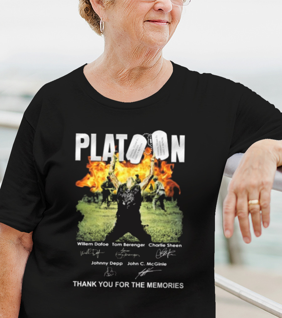 Platoon Thank You For The Memories Signatures Willem Dafoe Tom Berenger Charlie Sheen Johnny Depp John C. McGinley T-Shirt