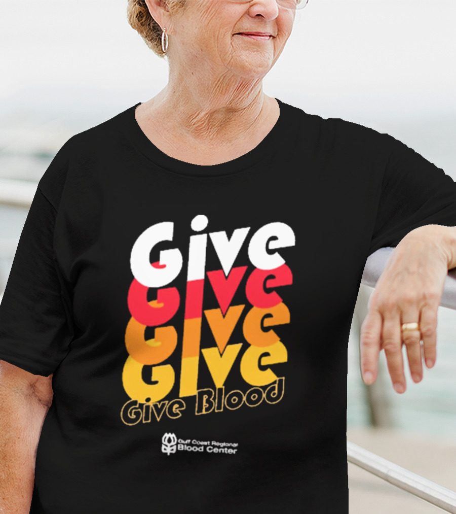 Give Blood Gulf Coast Regional Blood Center Vibrant Typography T-Shirt