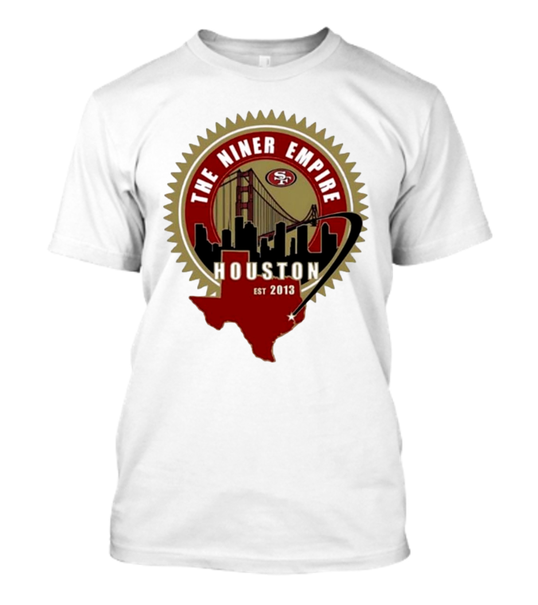 San Francisco 49ers NFL The Niner Empire Houston Est 2013 Golden Gate Bridge Skyline Badge T-Shirt