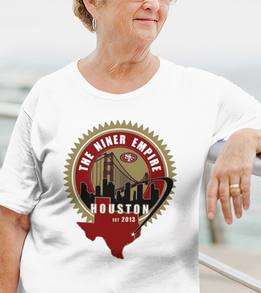 San Francisco 49ers NFL The Niner Empire Houston Est 2013 Golden Gate Bridge Skyline Badge T-Shirt