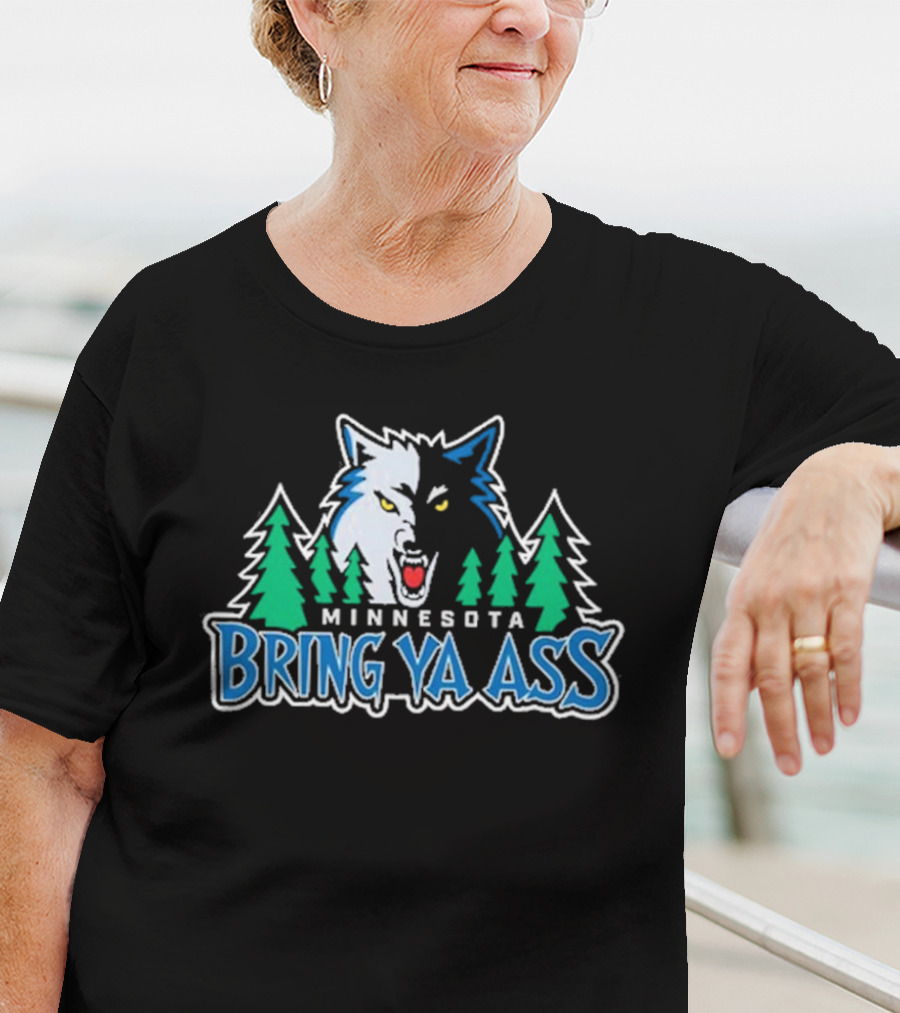 Minnesota Bring Ya Ass Wolf Logo With Trees T-Shirt