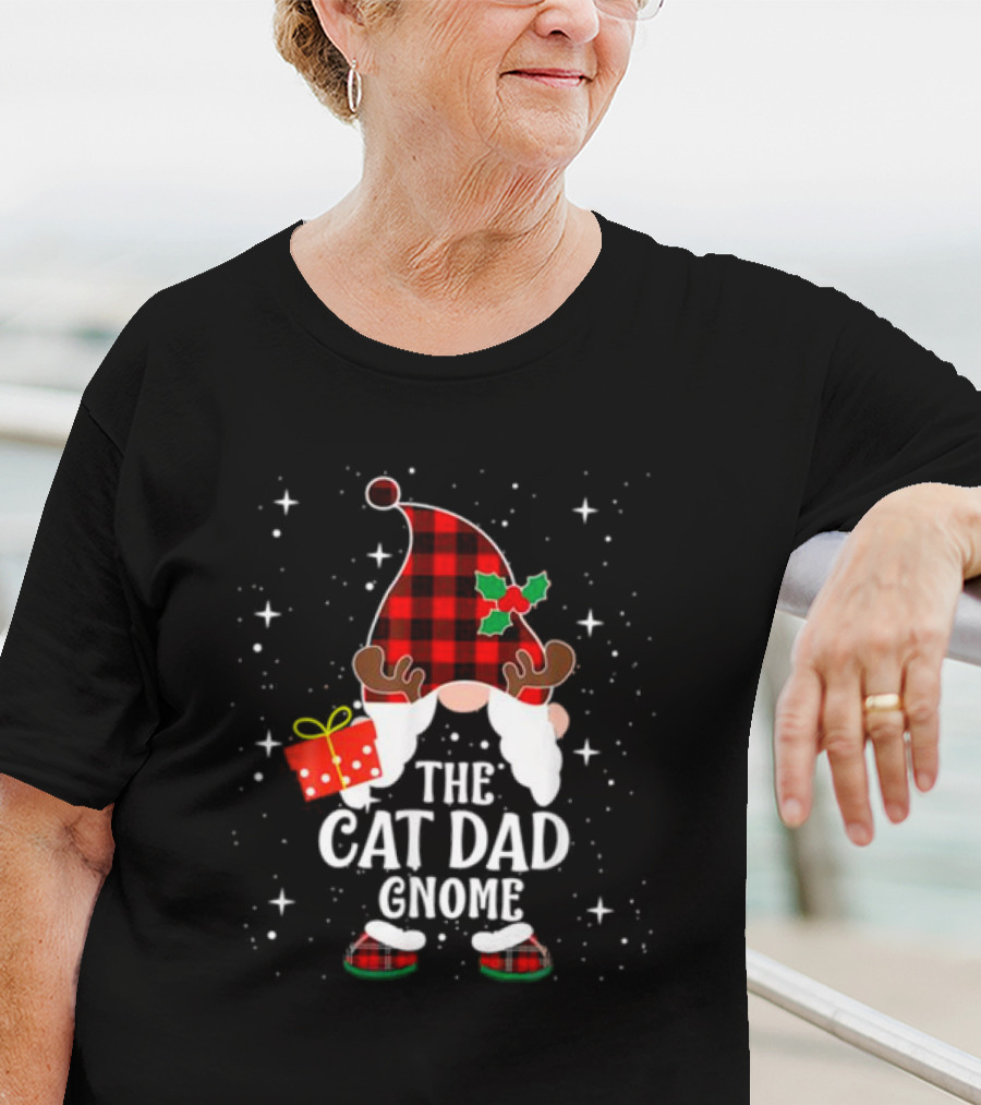 The Cat Dad Gnome Buffalo Plaid Christmas Pajama Matching Family T-Shirt