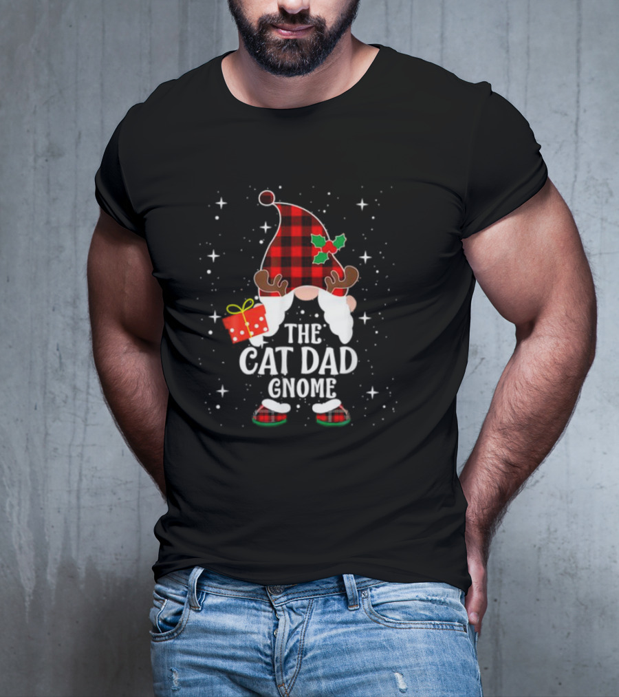 The Cat Dad Gnome Buffalo Plaid Christmas Pajama Matching Family T-Shirt
