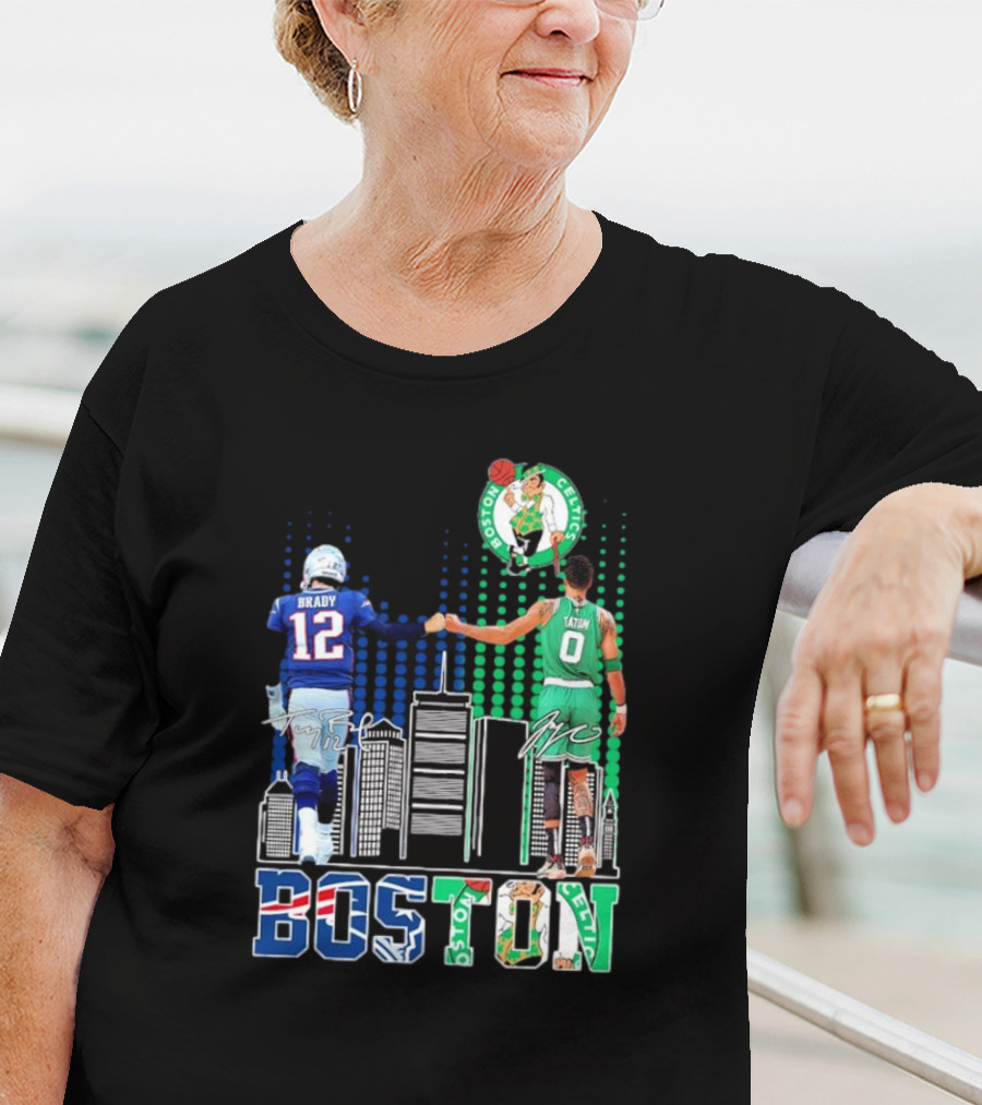 Boston Patriots And Celtics Skyline Featuring Tom Brady And Jayson Tatum Signatures T-Shirt