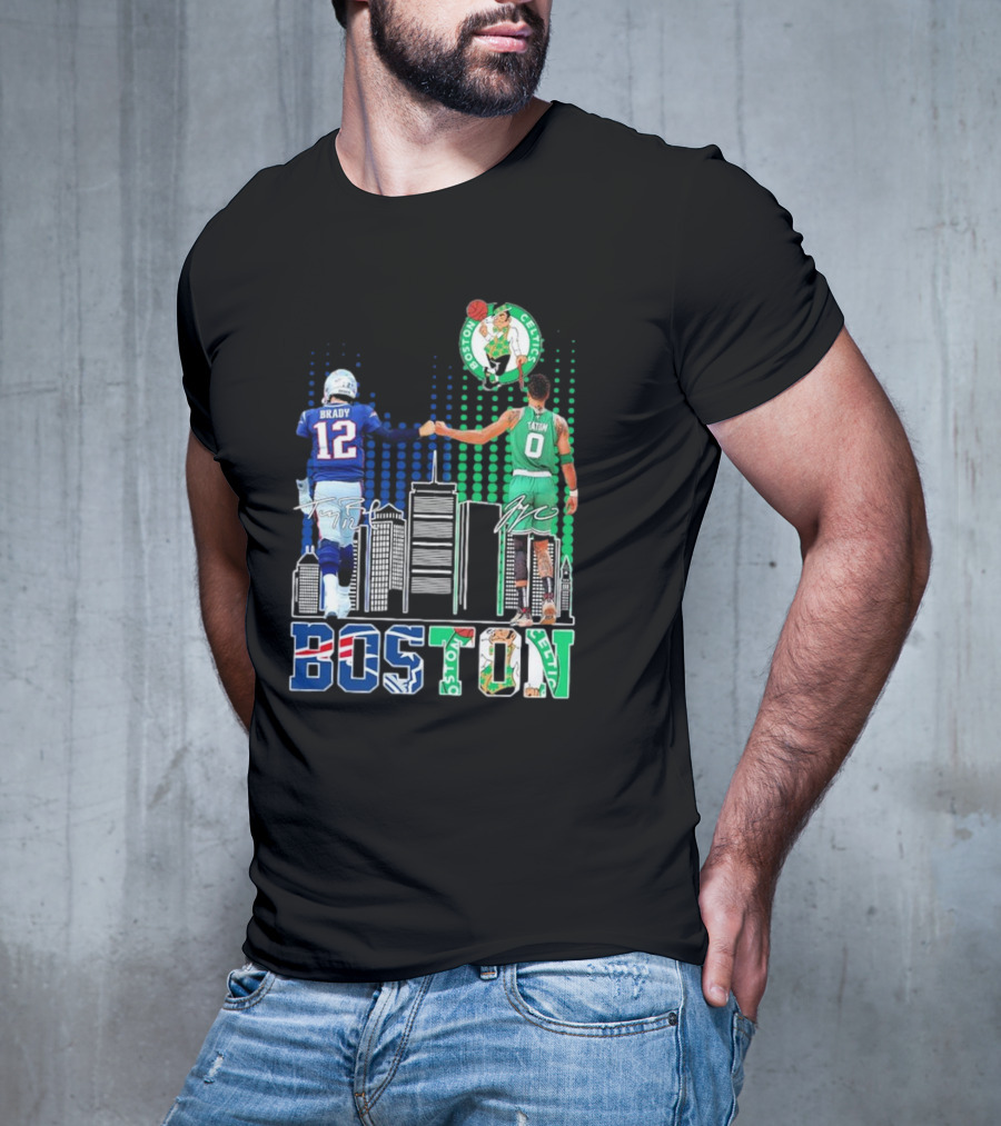 Boston Patriots And Celtics Skyline Featuring Tom Brady And Jayson Tatum Signatures T-Shirt