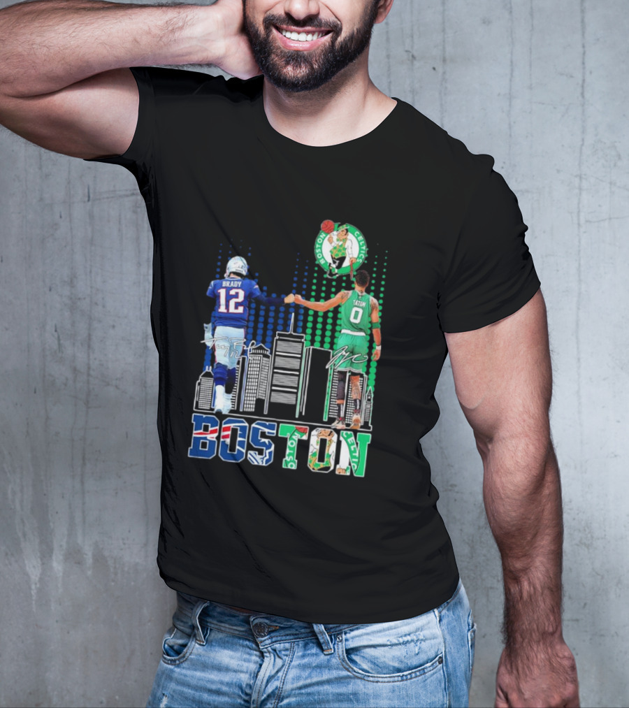 Boston Patriots And Celtics Skyline Featuring Tom Brady And Jayson Tatum Signatures T-Shirt