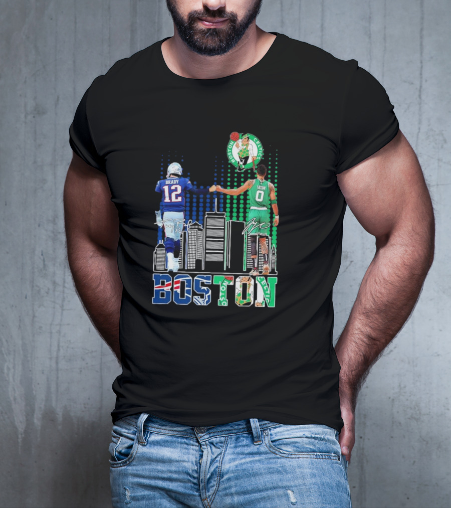 Boston Patriots And Celtics Skyline Featuring Tom Brady And Jayson Tatum Signatures T-Shirt